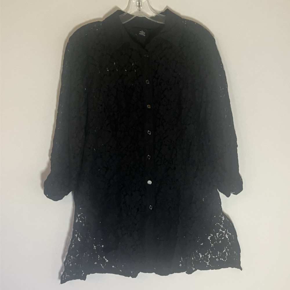 Style & Co Top Womens Large Black Lace Button Up Ruched Sleeve Artsy Lagenlook L